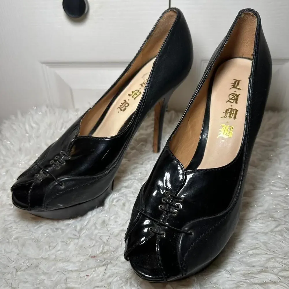 L.A.M.B. patent peep toe lace up heels designer y2k pumps
